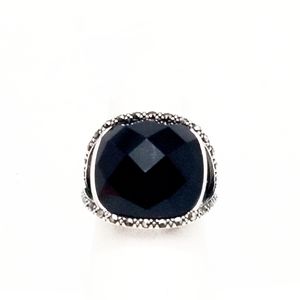 New Faceted Large Onyx & Sterling Ring w/Marcasite